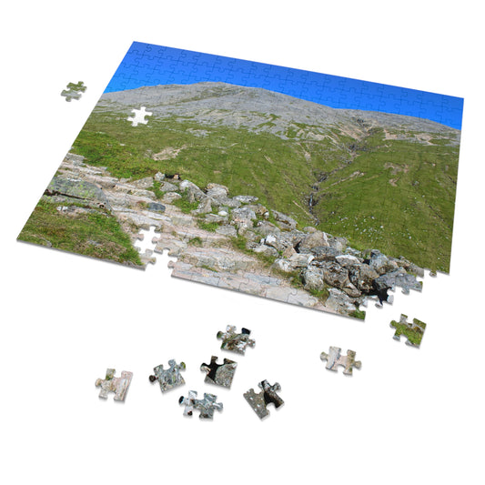 Jigsaw puzzle of a mountain landscape with completed pieces on a white background