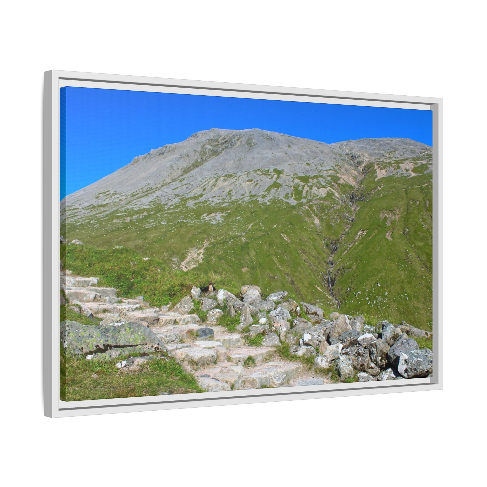 Mountain landscape with rocky foreground and clear blue sky