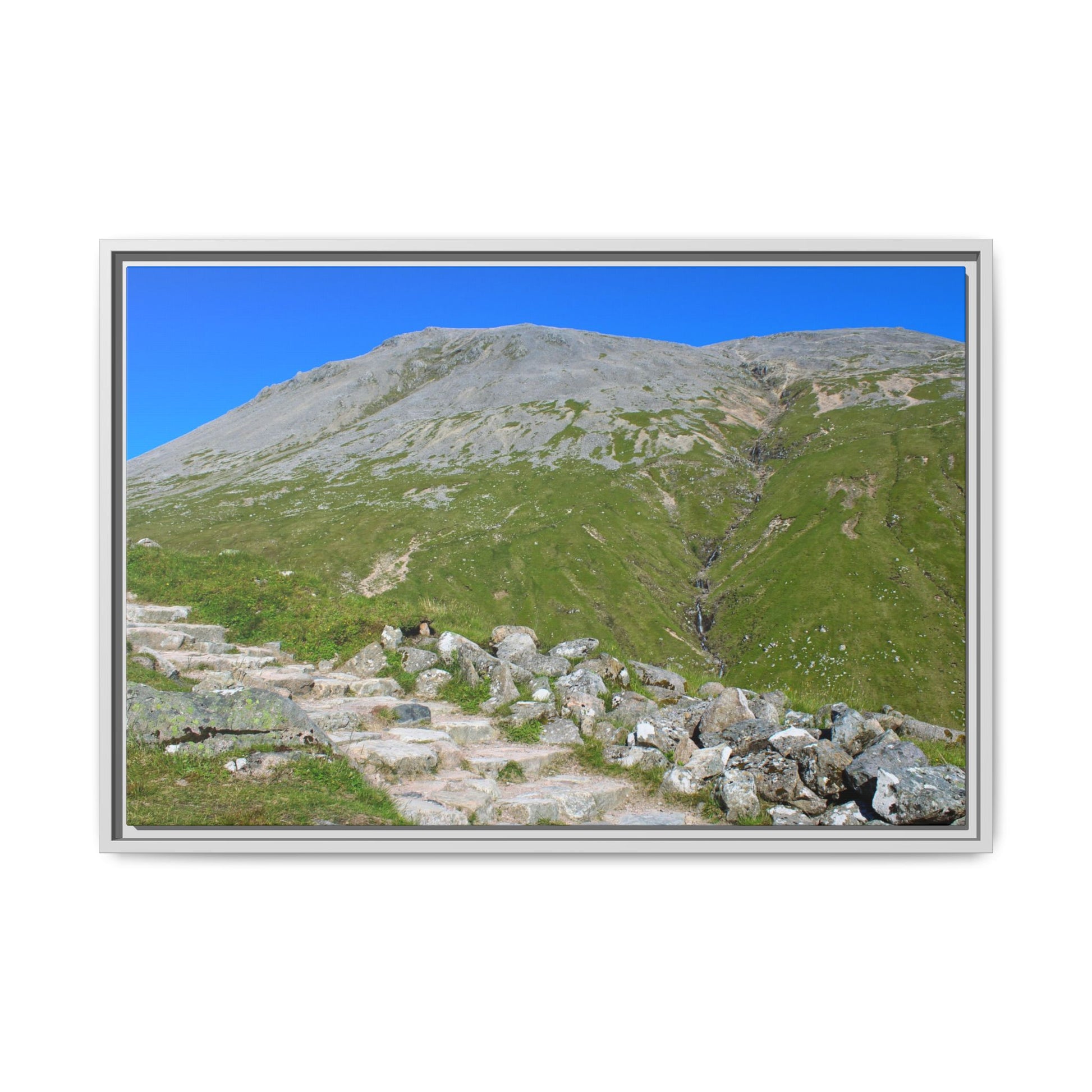 Mountain landscape with rocky foreground and grassy slopes under a clear blue sky.