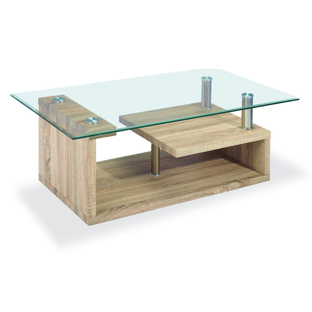Glass top coffee table with wooden base on a white background