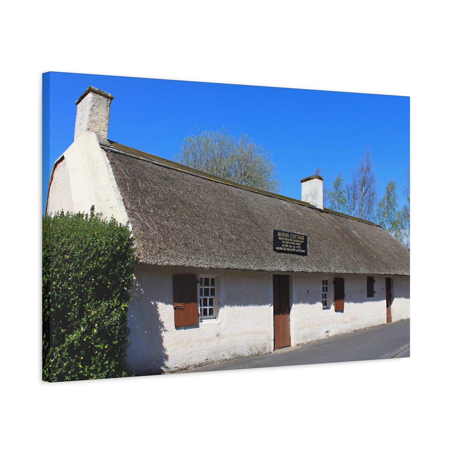Thatched roof building with a blue sky background
