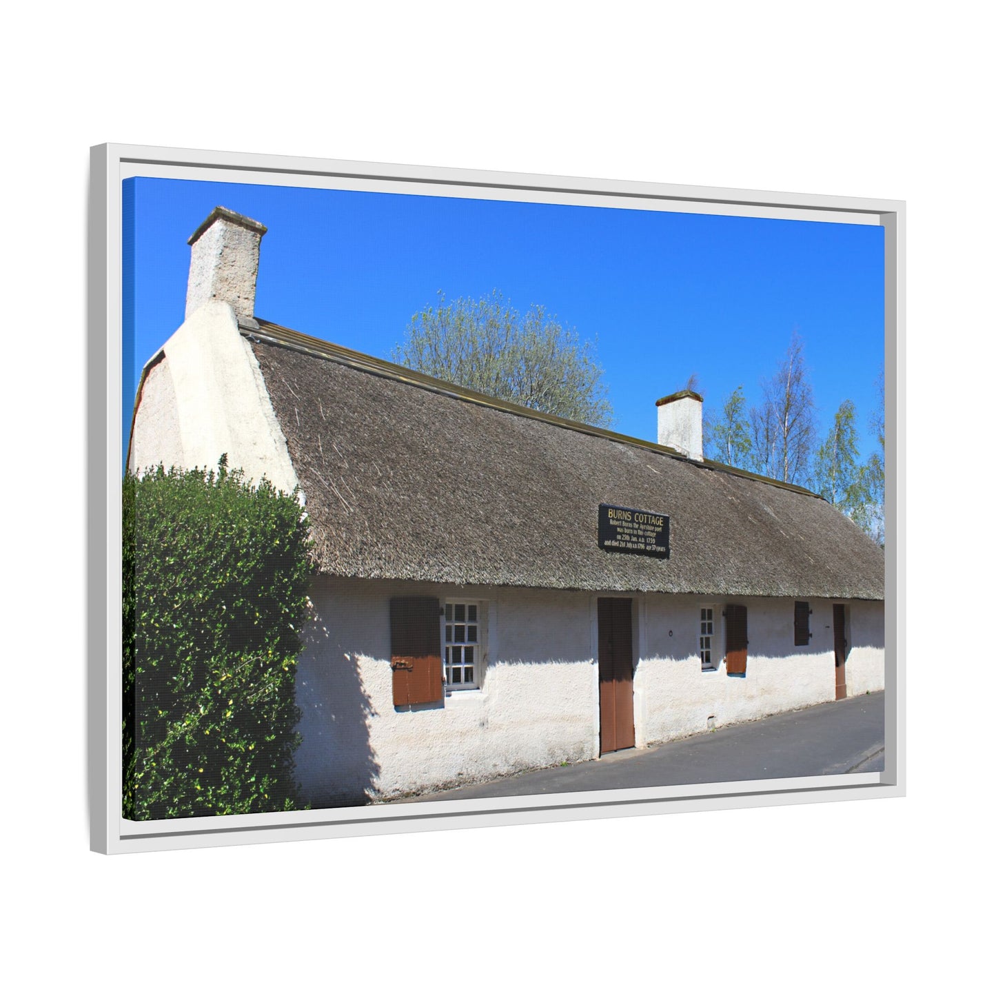 Thatched cottage with a clear blue sky and trees in the background
