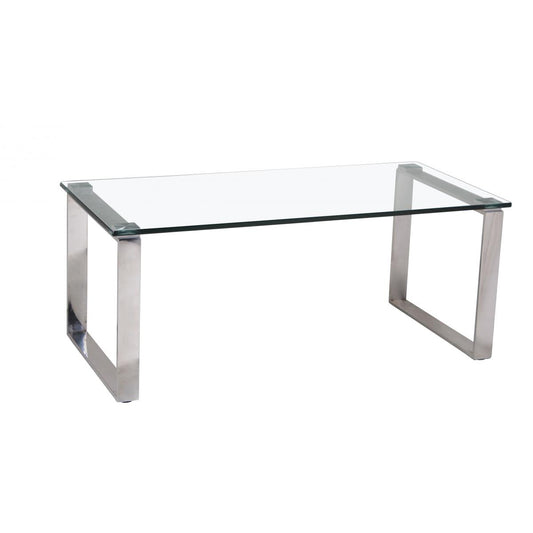 Clear glass console table with silver legs on a white background.