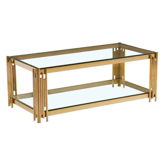 Gold coffee table with clear glass top and shelf on a white background