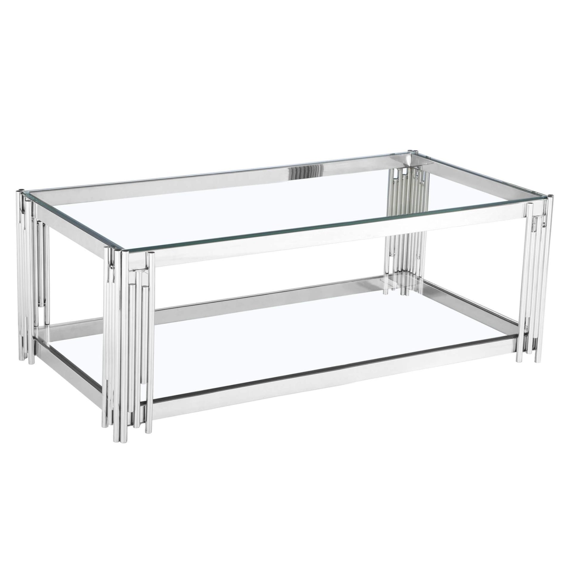 Glass coffee table with silver metal frame on a white background