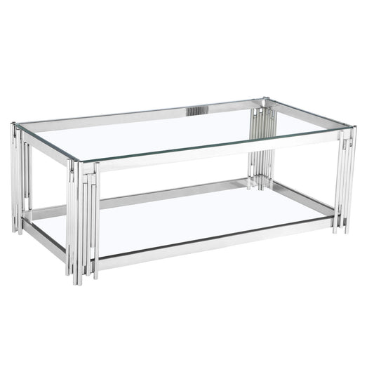 Glass coffee table with silver metal frame on a white background