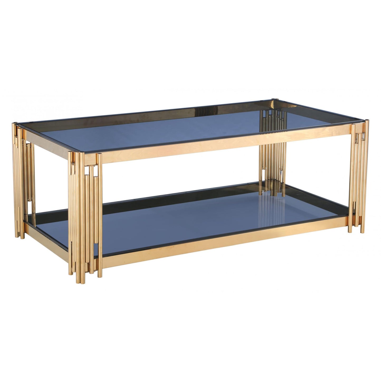 Coffee table with gold frame and grey glass top on a white background