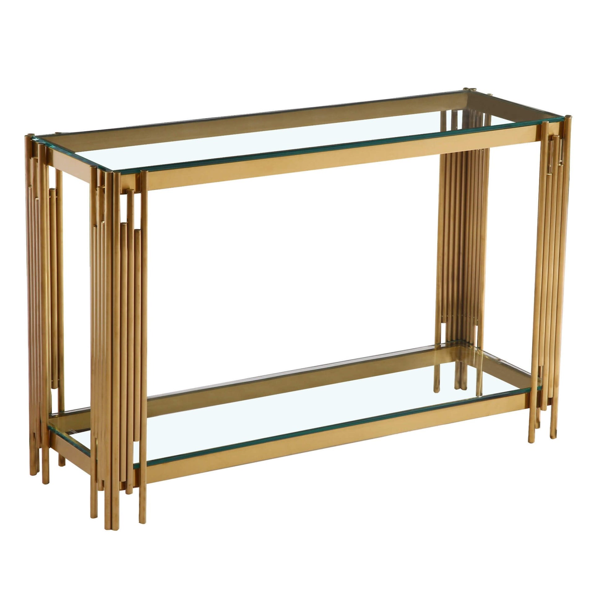 A clear glass console table with gold metal legs, featuring a rectangular shape with a lower shelf.