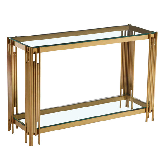 A clear glass console table with gold metal legs, featuring a rectangular shape with a lower shelf.