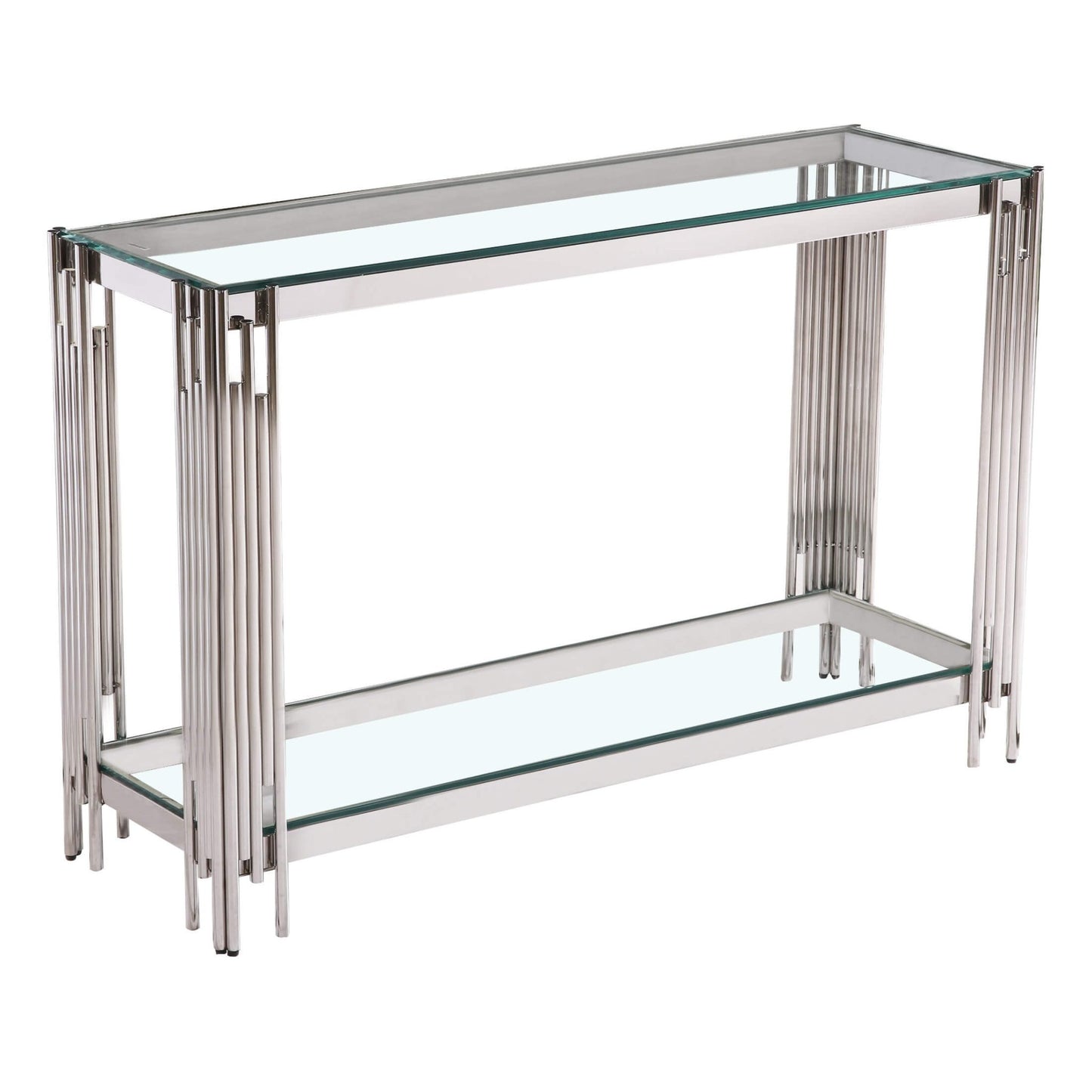 A clear glass console table with silver metal legs, featuring a rectangular shape with a lower shelf.