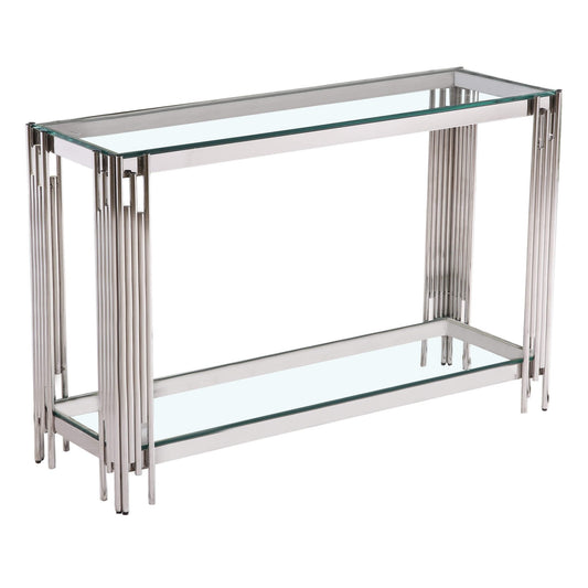 A clear glass console table with silver metal legs, featuring a rectangular shape with a lower shelf.