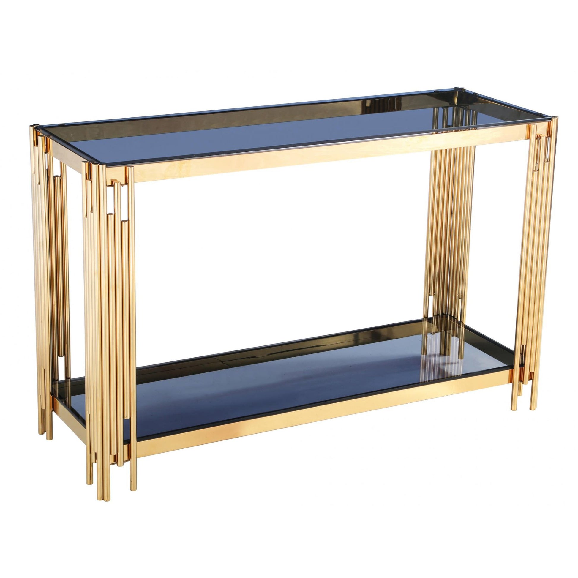 Console table with gold frame and blue glass top on a white background