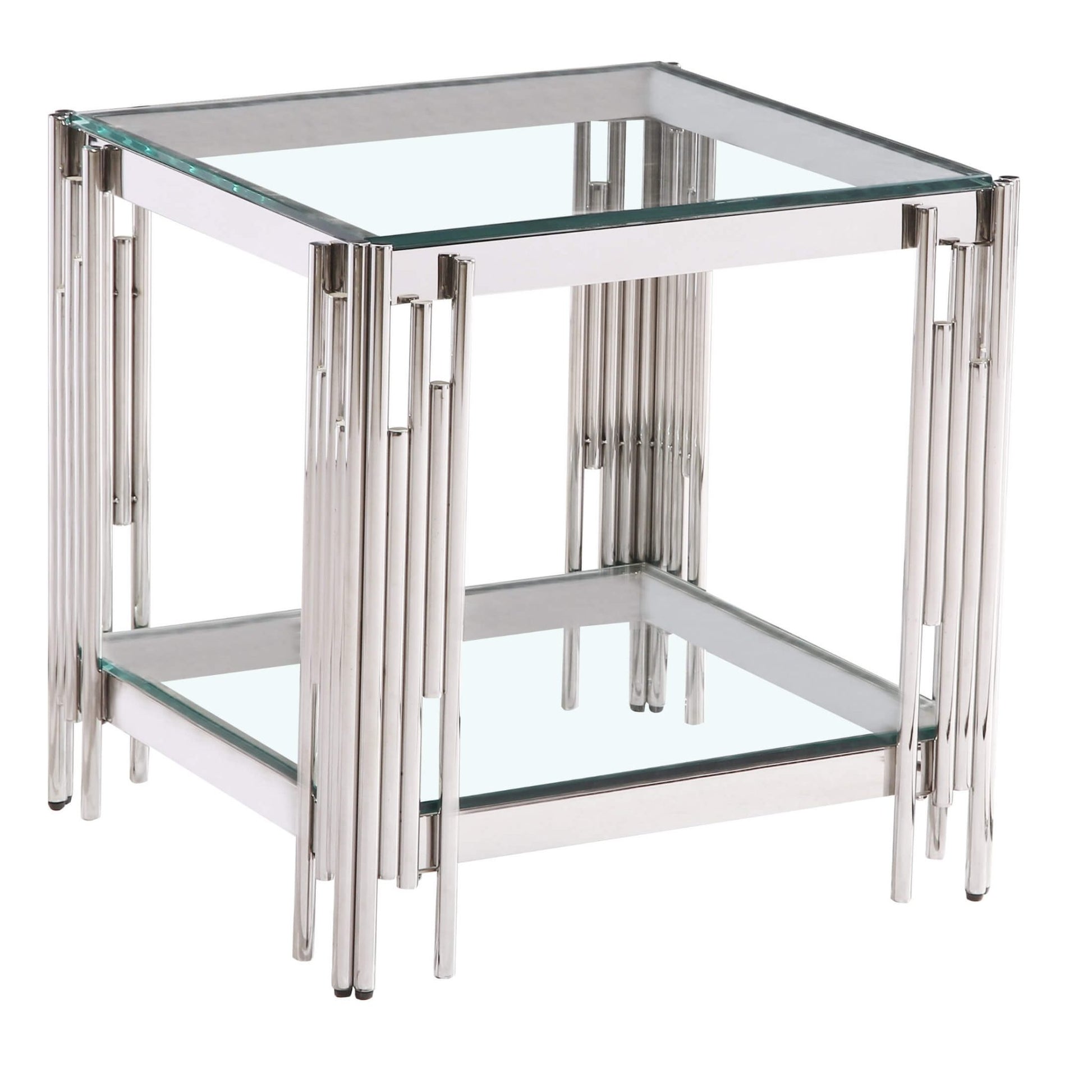 Glass side table with metal frame on a white background