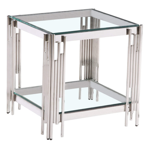 Glass side table with metal frame on a white background