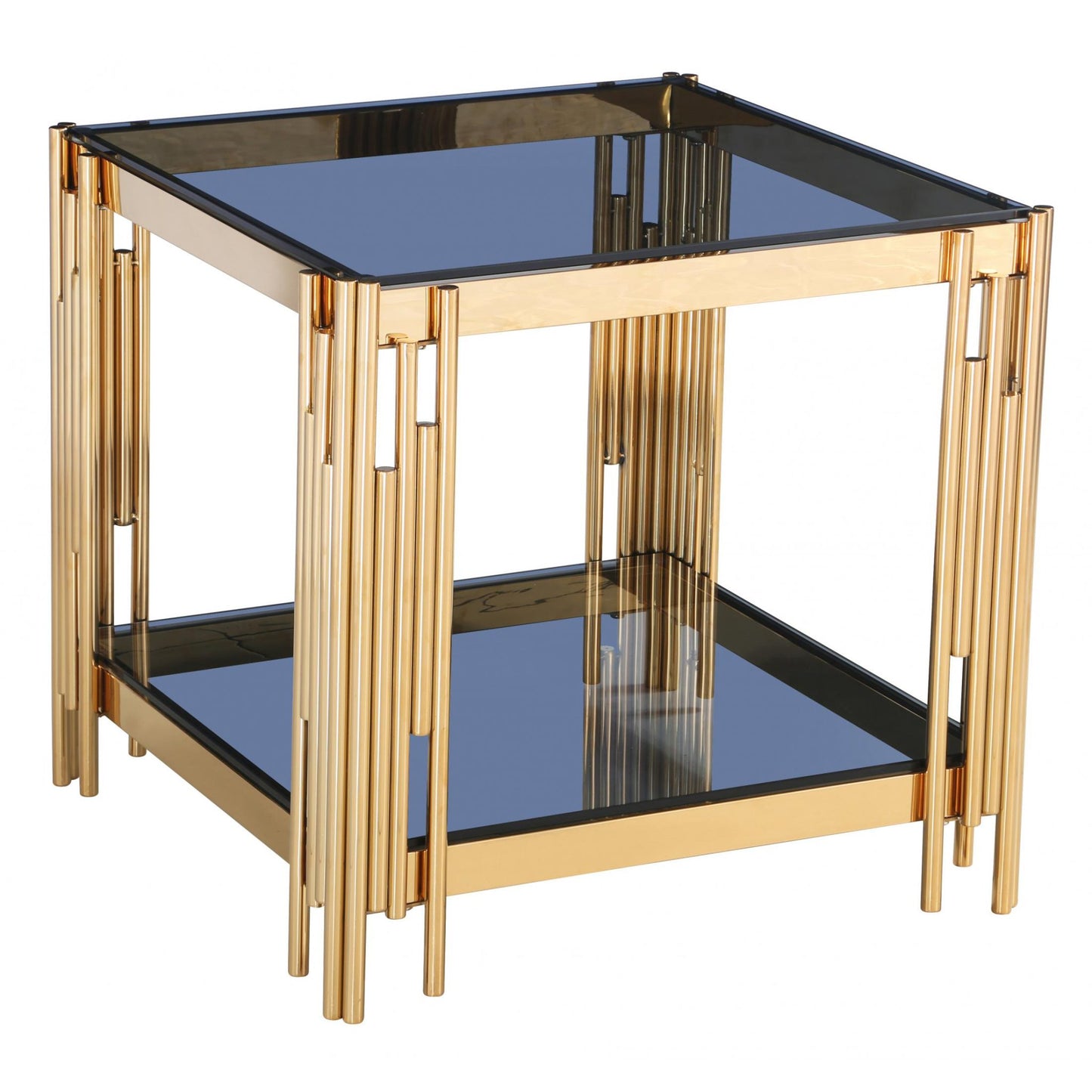 Gold-framed glass table with black top and shelf on a white background