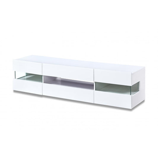 White high gloss LED TV unit with LED lights, featuring a flat shelf and a rectangular shape, against a plain background.