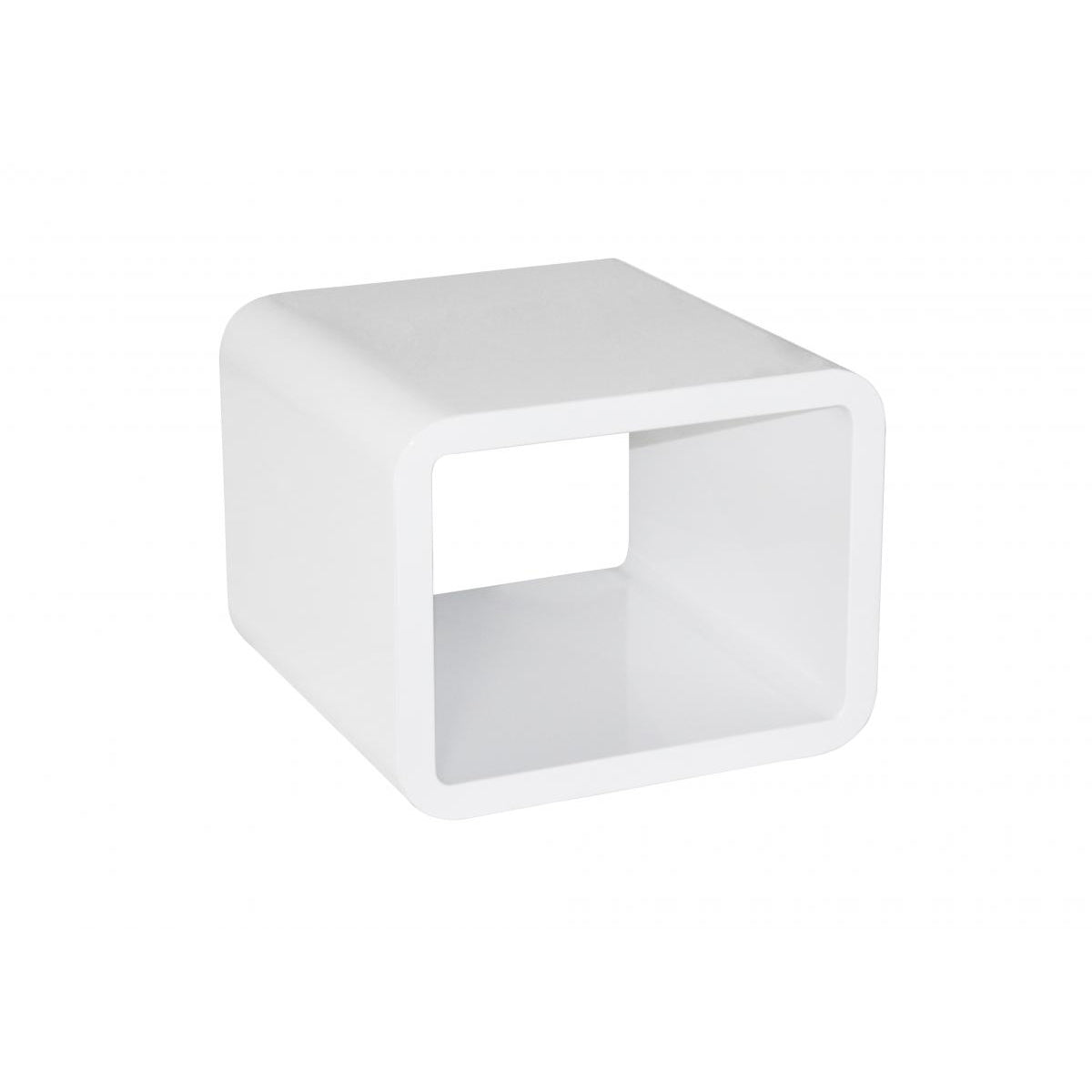 White cube-shaped side table on a white background