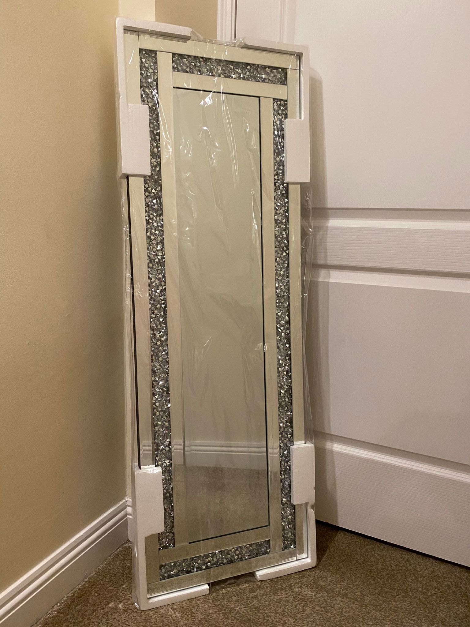 A silver bevelled edge mirror with crushed crystal detailing, standing upright against a wall.
