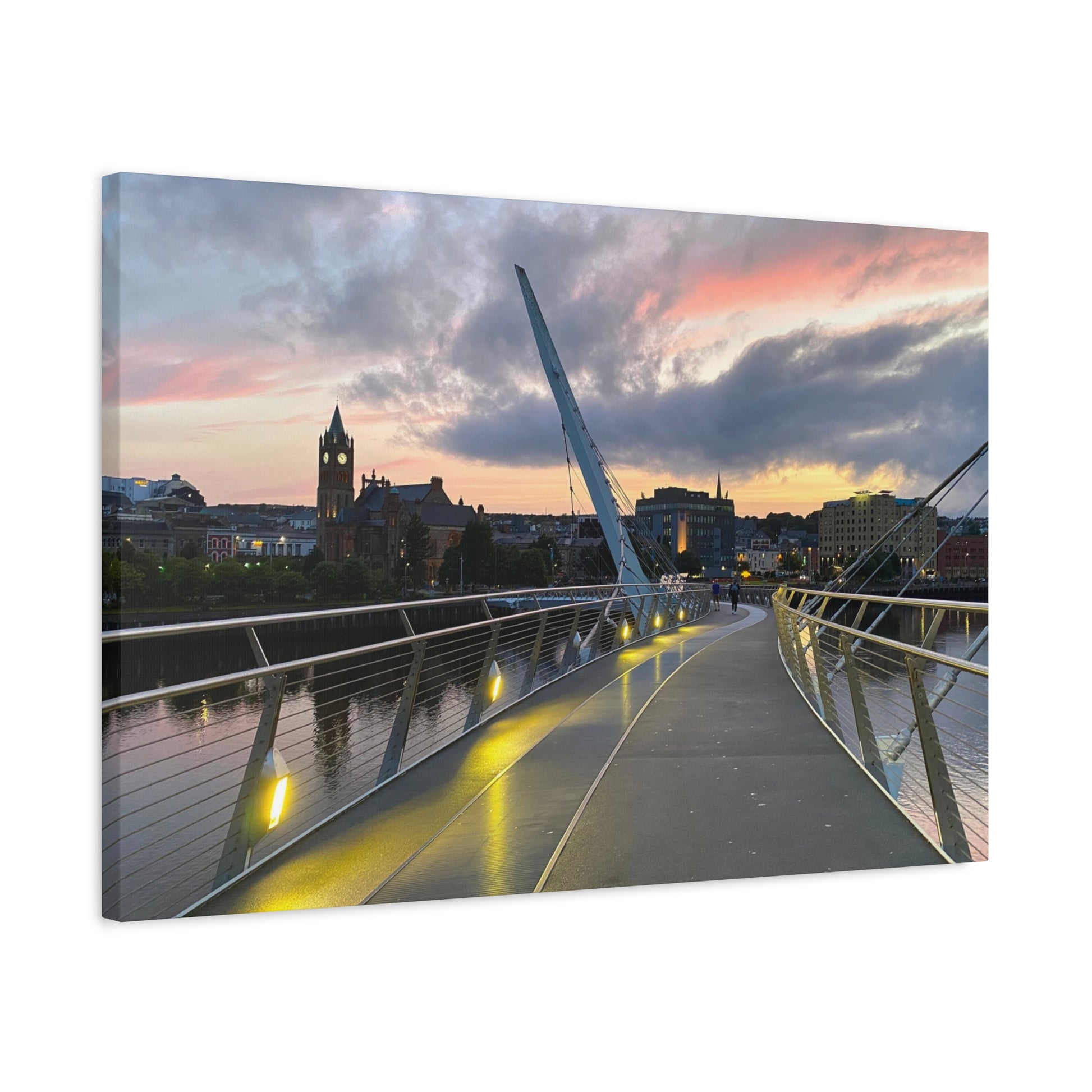 Cityscape with a modern bridge at sunset