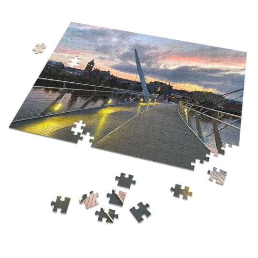 Jigsaw puzzle with completed pieces and missing ones on a bridge at sunset.