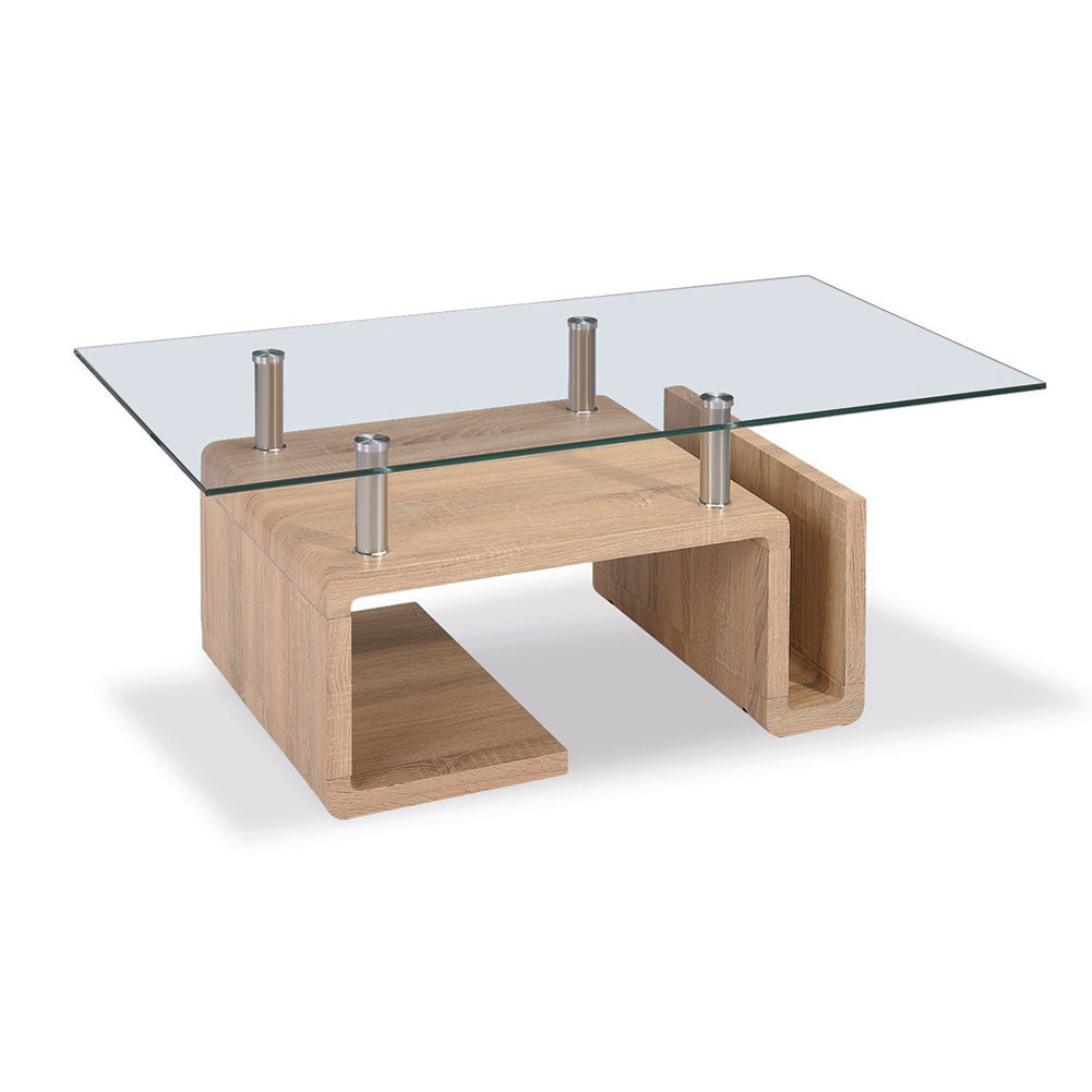 Glass-top coffee table with wooden base on a white background