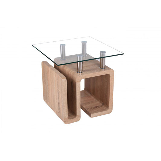 Wooden side table with glass top on a white background
