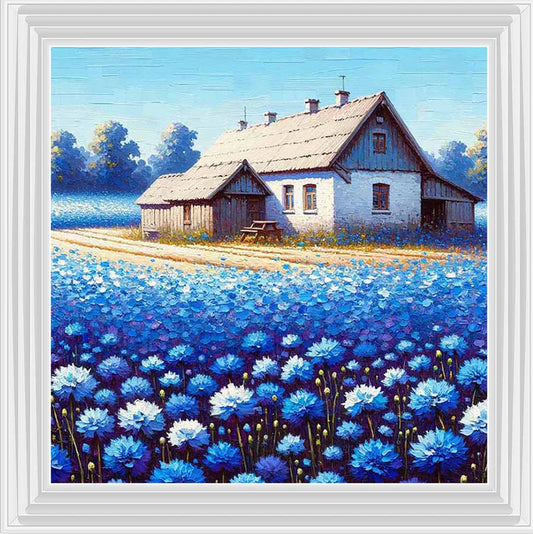 Cottage In Blue Flower Field - Framed Picture