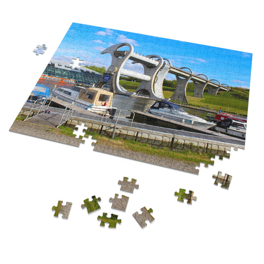 Jigsaw puzzle of a rotating boat lift with missing pieces on a white background