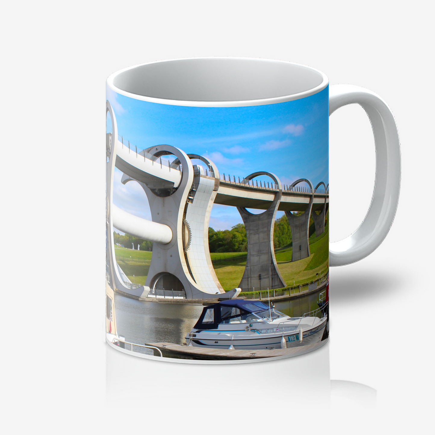 Mug with a scenic design of the Falkirk Wheel and some boats on a white background