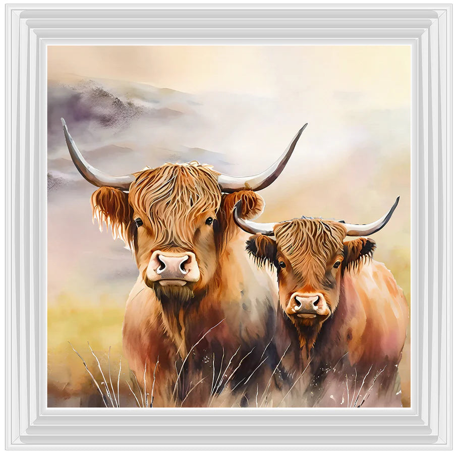A framed picture of two brown Highland cows in a field with a mountainous landscape in the background, presented in a white frame.
