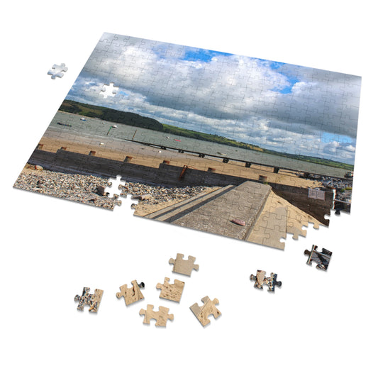Jigsaw puzzle with completed pieces and missing ones on a scenic background