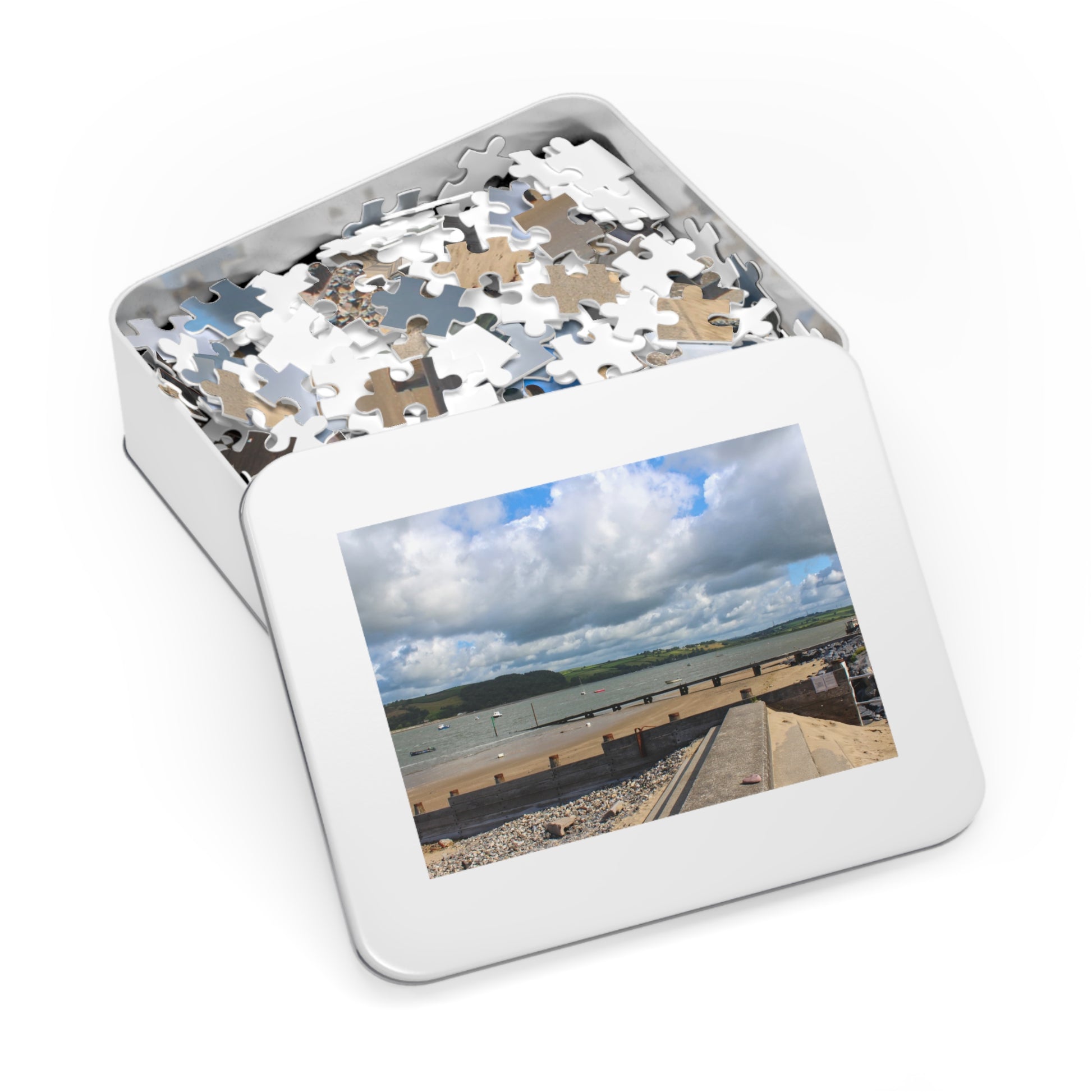 Jigsaw puzzle with a scenic picture on a white background