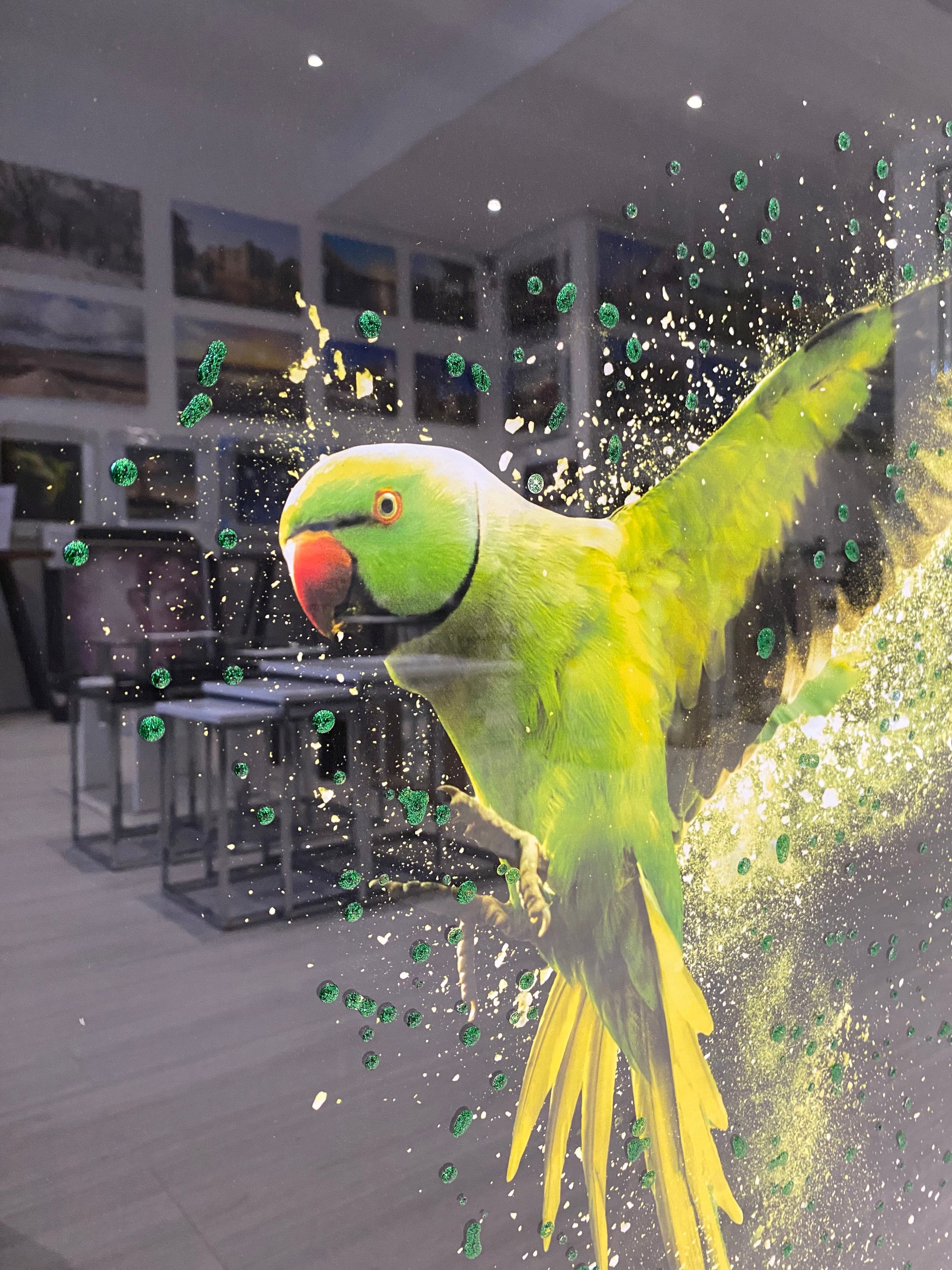 Green parakeet with a colourful beak in an urban setting with liquid art detail.