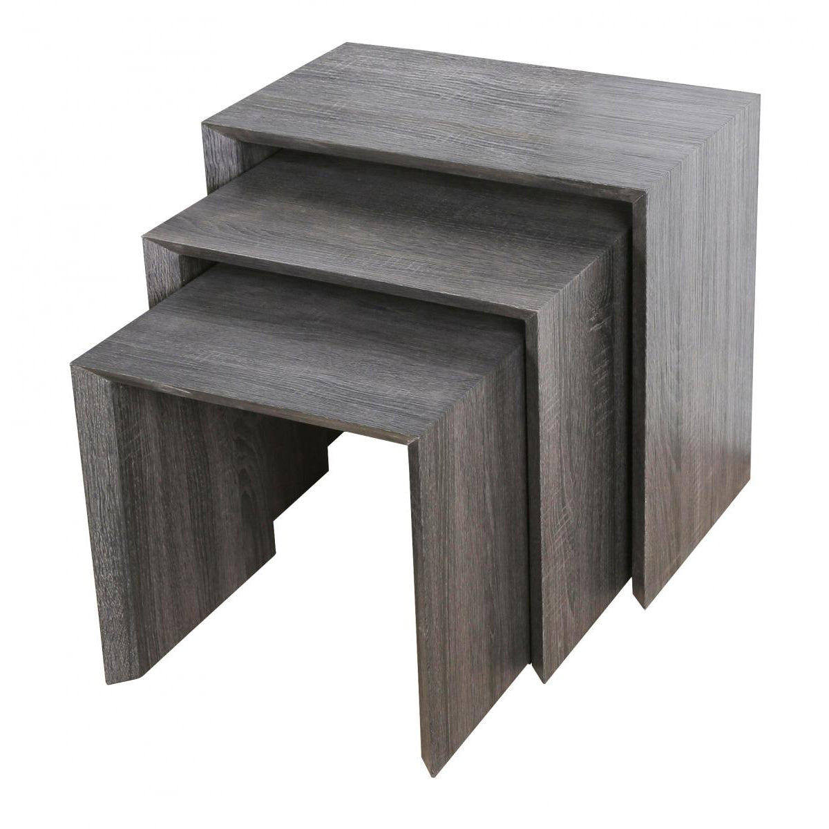 A set of three square nesting tables in a walnut effect finish, with the largest table on the bottom and the smallest on top.