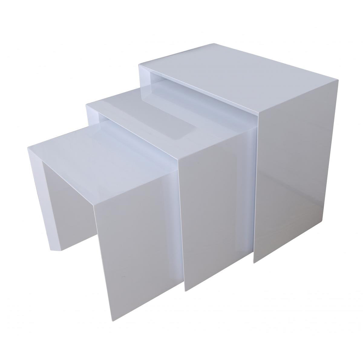 A set of three white gloss tables in varying sizes, with a smooth finish and simplistic design.
