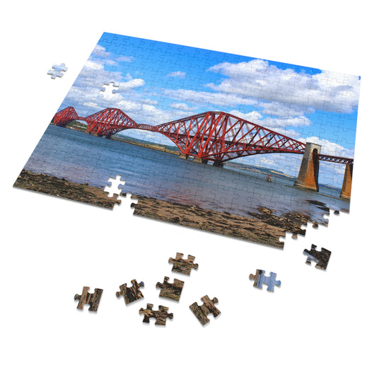 Jigsaw puzzle with a red bridge over water and scattered pieces on a white background