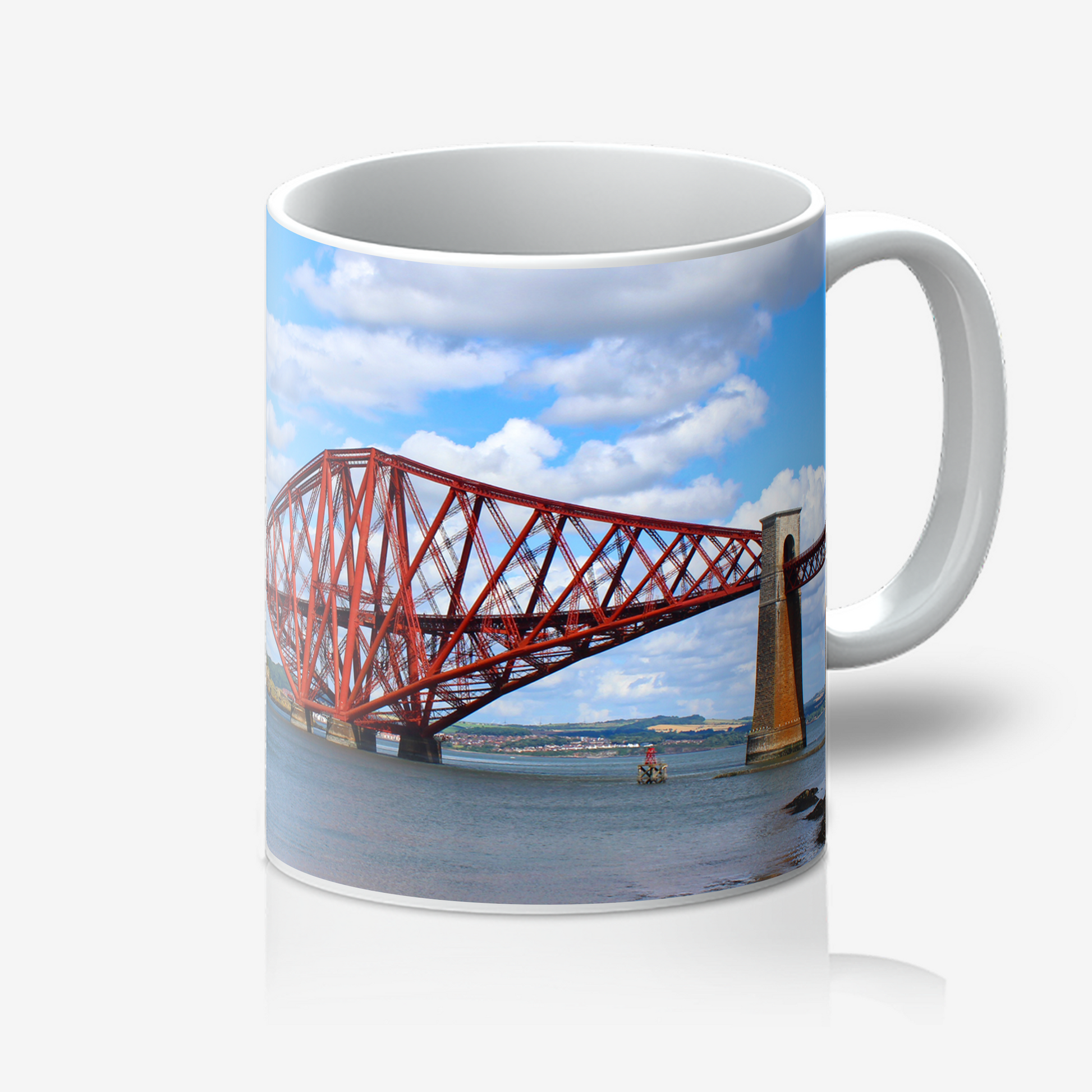 Mug with a design of a red bridge and blue sky on a white background