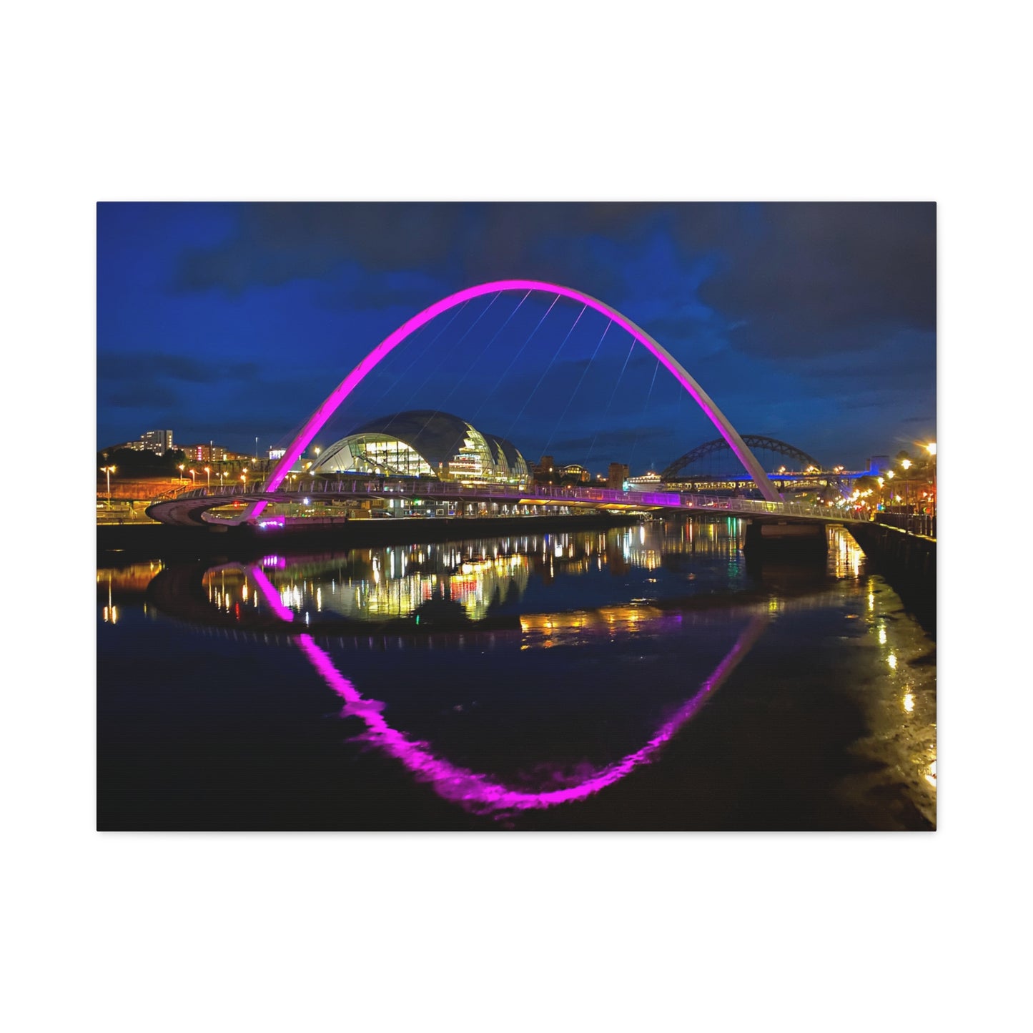 Modern arch bridge with purple lighting reflection in water at night