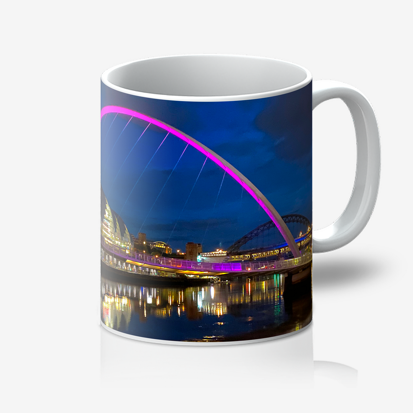 Mug with a colorful bridge design on a white background