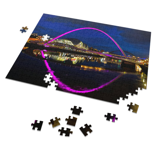 Jigsaw puzzle with completed pieces and missing ones, featuring a cityscape at night.