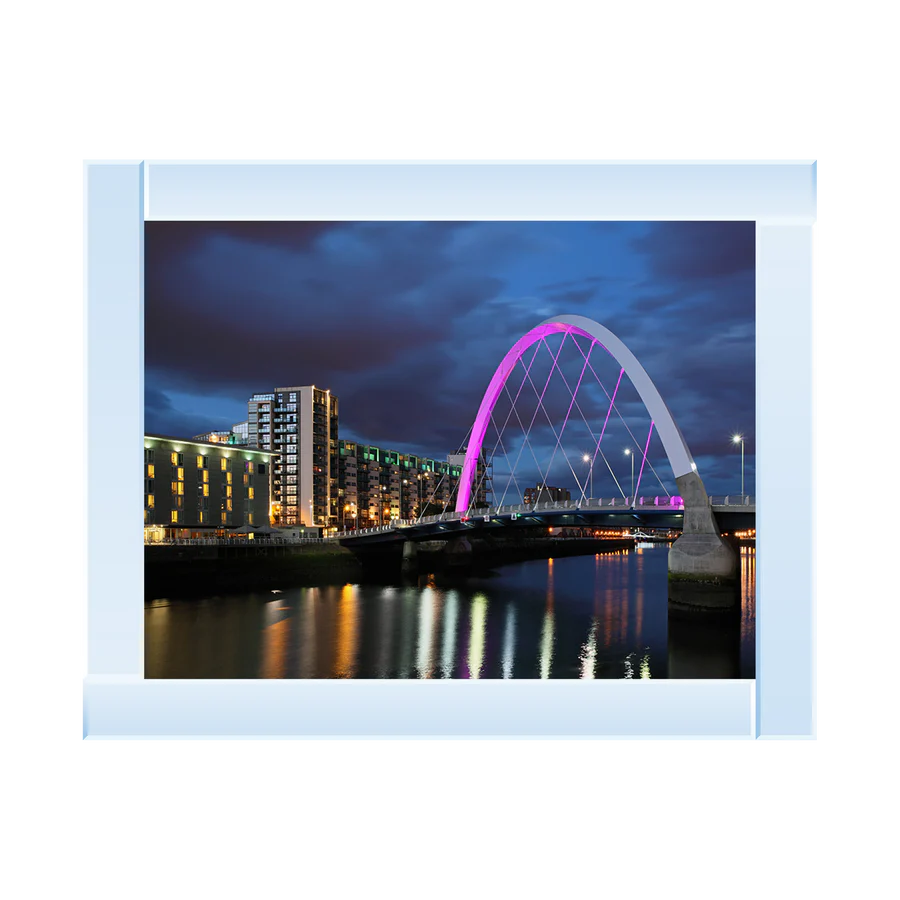 Silver mirror framed picture of the Clyde Arch Bridge at night in Glasgow. 