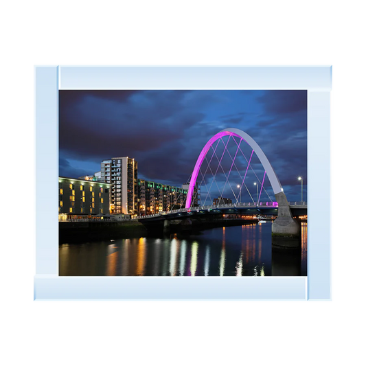 Silver mirror framed picture of the Clyde Arch Bridge at night in Glasgow. 