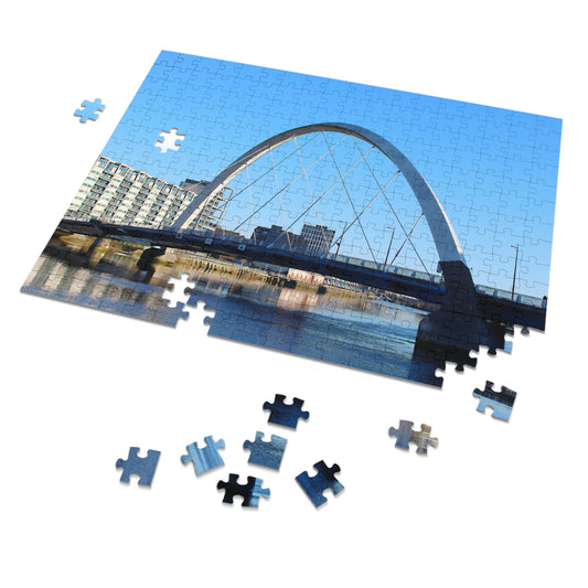 Jigsaw puzzle with completed pieces showing a bridge and buildings.