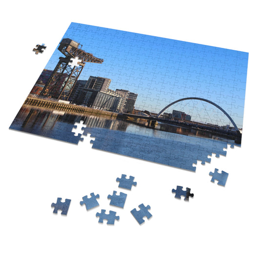 Jigsaw puzzle with a cityscape featuring a bridge and skyline