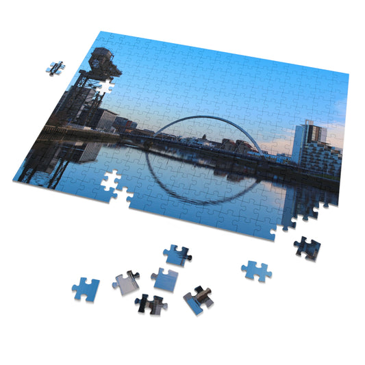 Jigsaw puzzle with a completed section showing a city skyline with a distinctive arch.