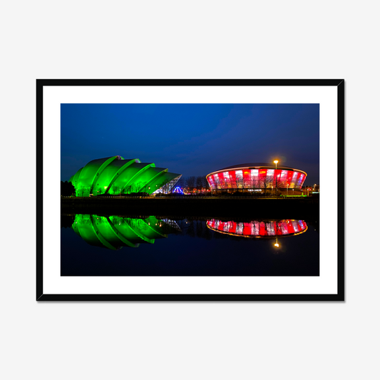 Framed photograph featuring the Glasgow SEC Armadillo and Hydro buildings lit up at night, reflected in the water of the Clyde.