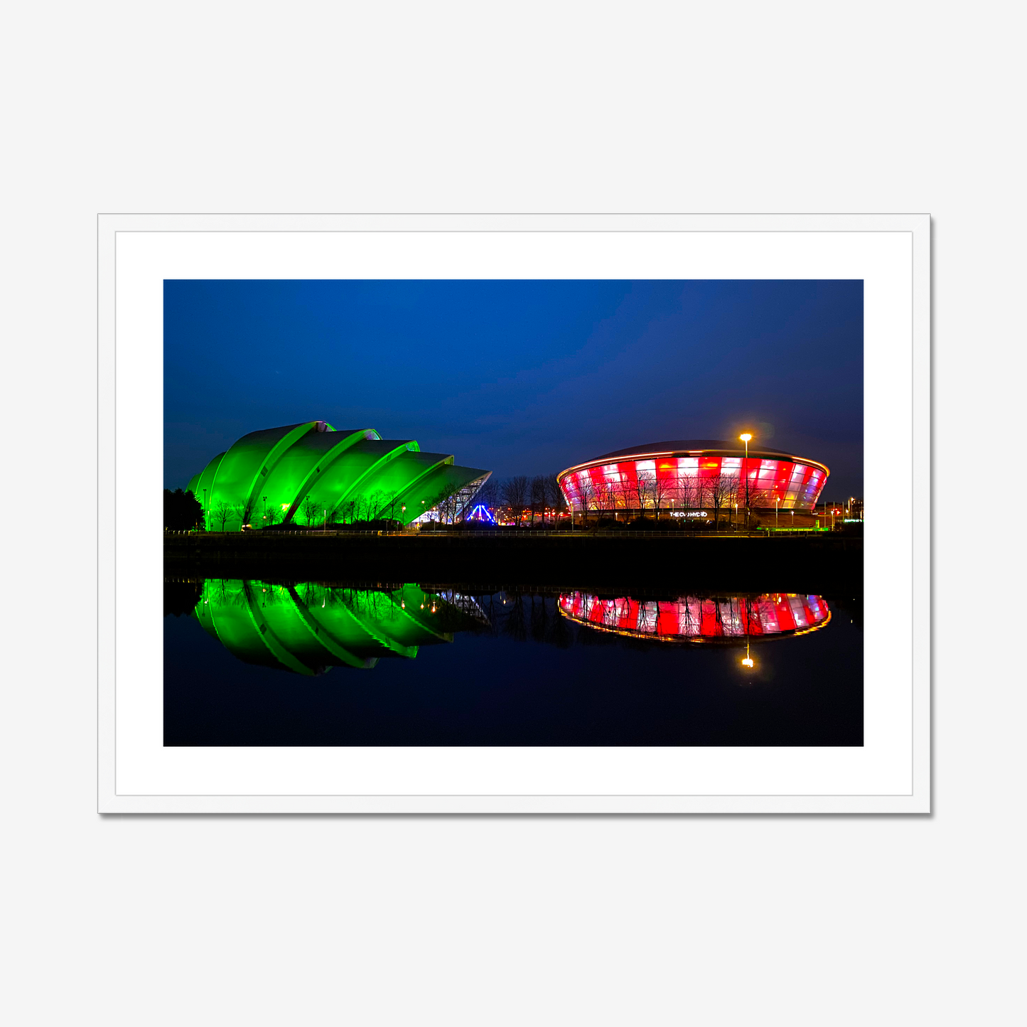 Framed photograph featuring the Glasgow SEC Armadillo and Hydro buildings lit up at night, reflected in the water of the Clyde.
