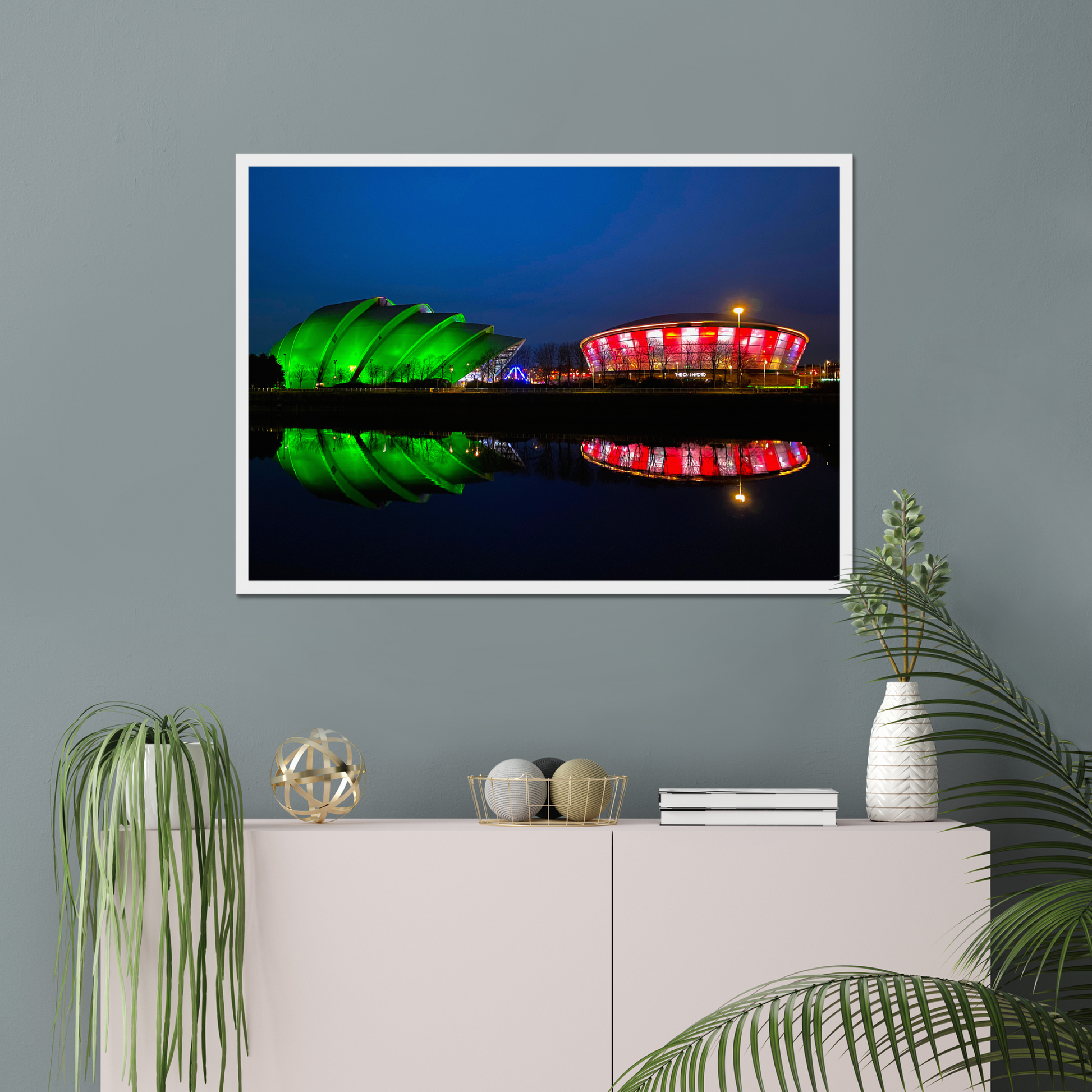 Framed photograph featuring the Glasgow SEC Armadillo and Hydro buildings lit up at night, reflected in the water of the Clyde.