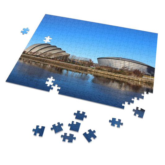 Jigsaw puzzle with completed pieces and missing ones in front of a scenic background