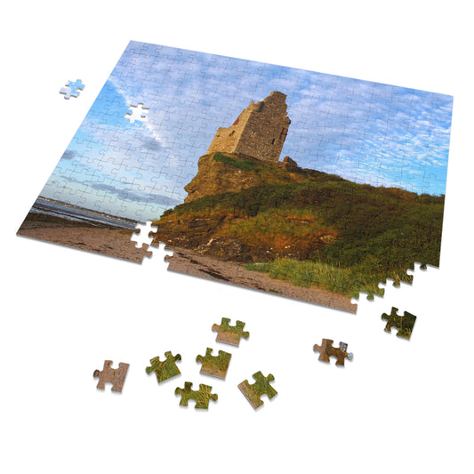 Jigsaw puzzle of a castle on a cliff with missing pieces.